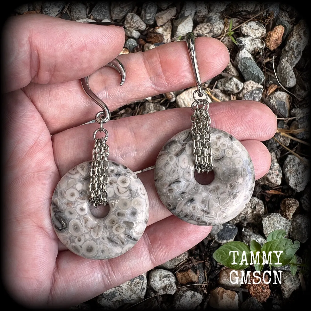 Fossilised coral jasper gauged earrings-Fossil ear gauges