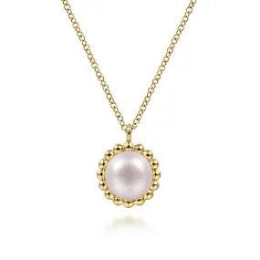 Gabriel & Co 14K Yellow Gold Round Pearl Pendant Necklace with Bujukan Beaded Frame