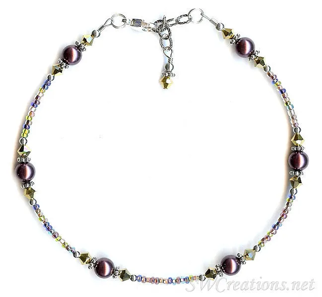 Gold Burgundy Pearl Crystal Silver Anklet