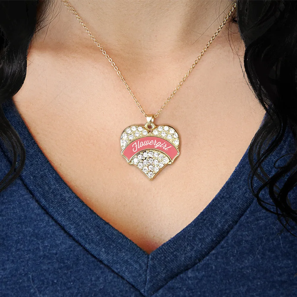 Gold Coral Flower Girl Pave Heart Charm Classic Necklace