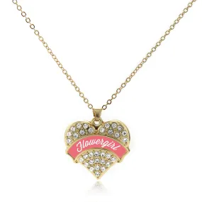 Gold Coral Flower Girl Pave Heart Charm Classic Necklace