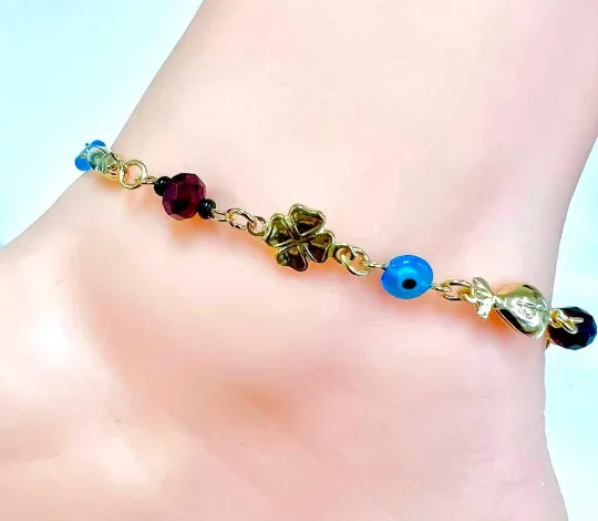 Gold Filled Good Luck Anklet Bracelet Elephant four Leaf Clover Bracelet Money Womens Jewelry Bracelet for Foot Pulsera de Pie Gold Bracelet