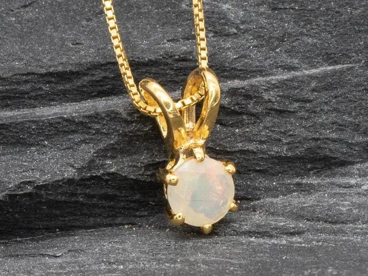 Gold Opal Pendant - Fire Opal Necklace - Dainty White Necklace