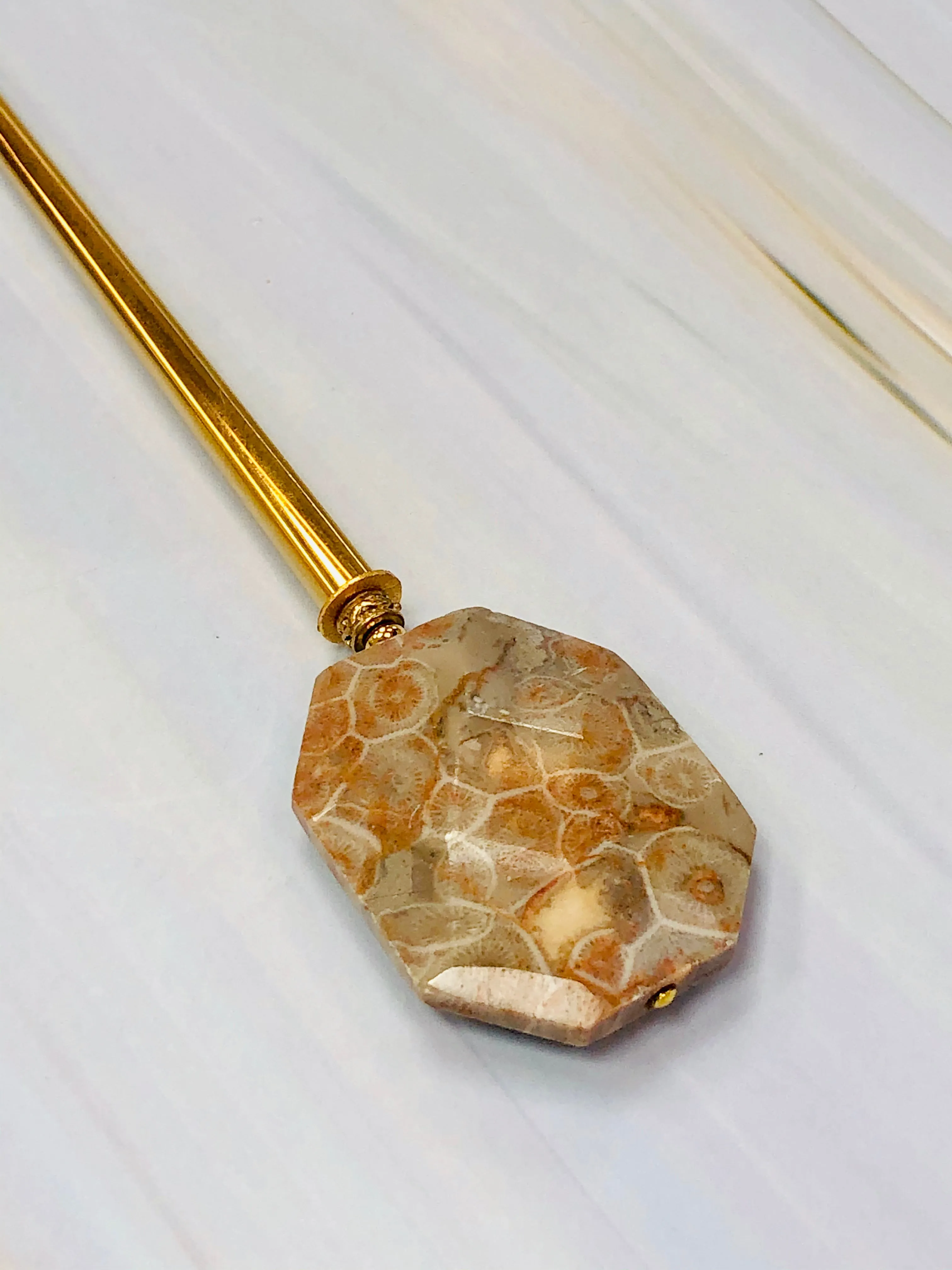 Gold Petoskey Stone Faceted gemstone hair stick, shawl pin