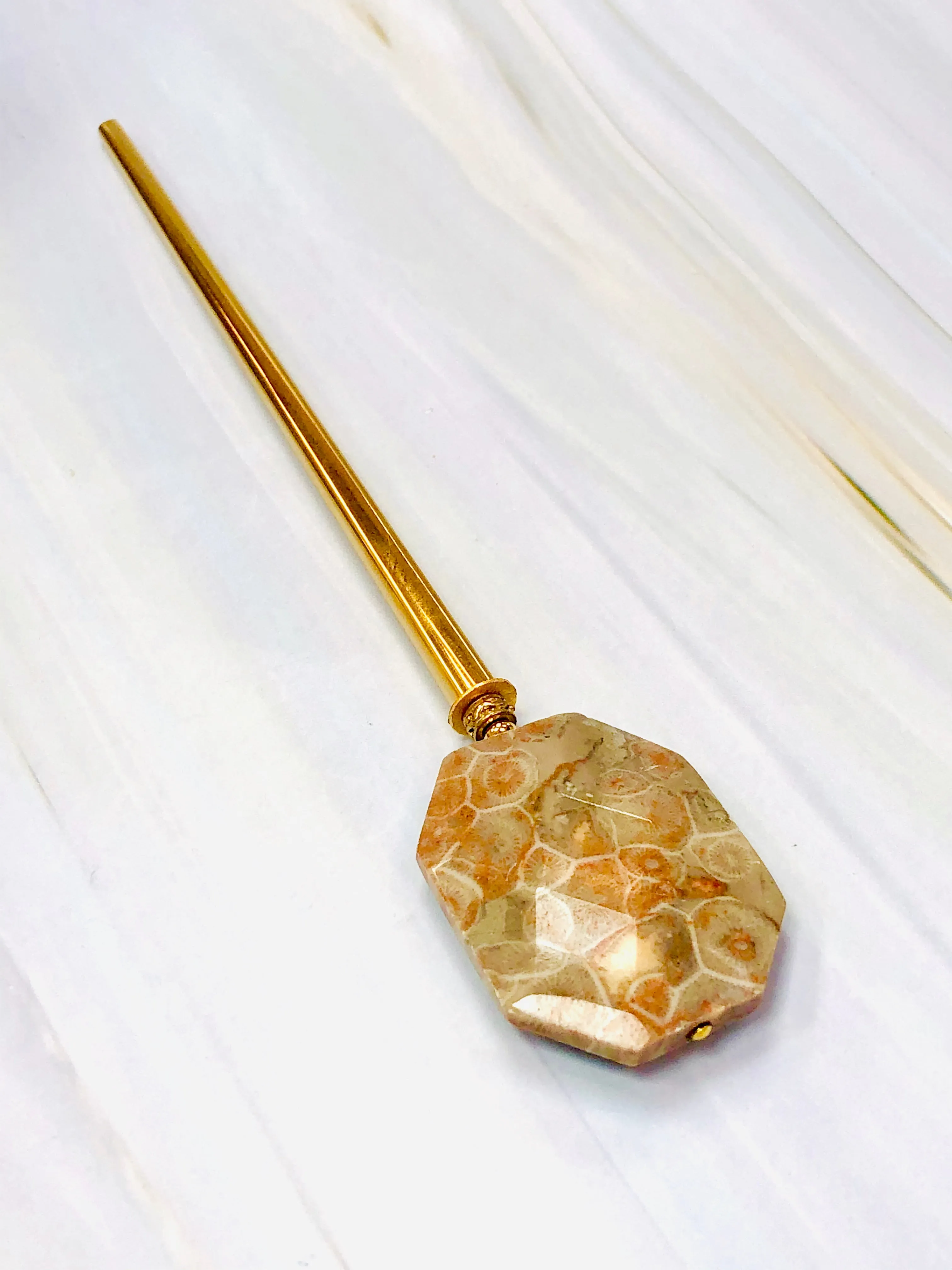 Gold Petoskey Stone Faceted gemstone hair stick, shawl pin