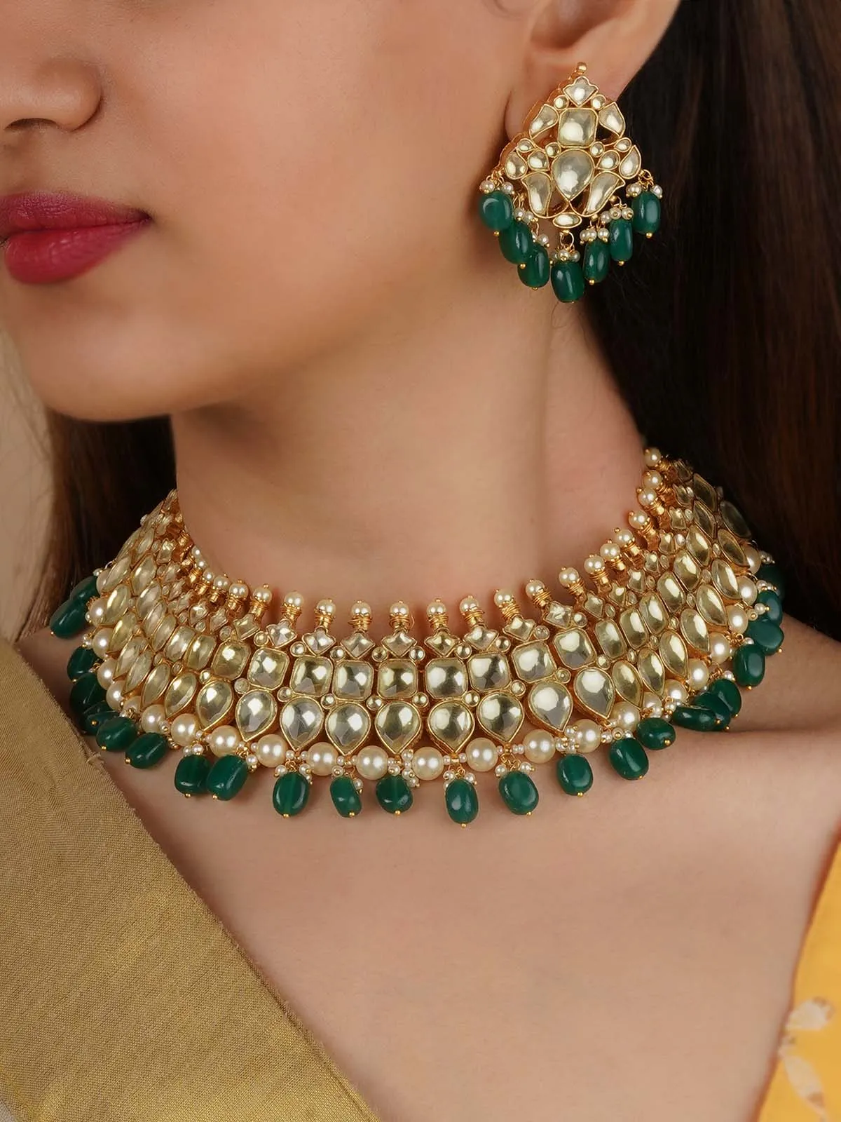 Gold Plated Jadau Kundan Necklace Set - MS2240