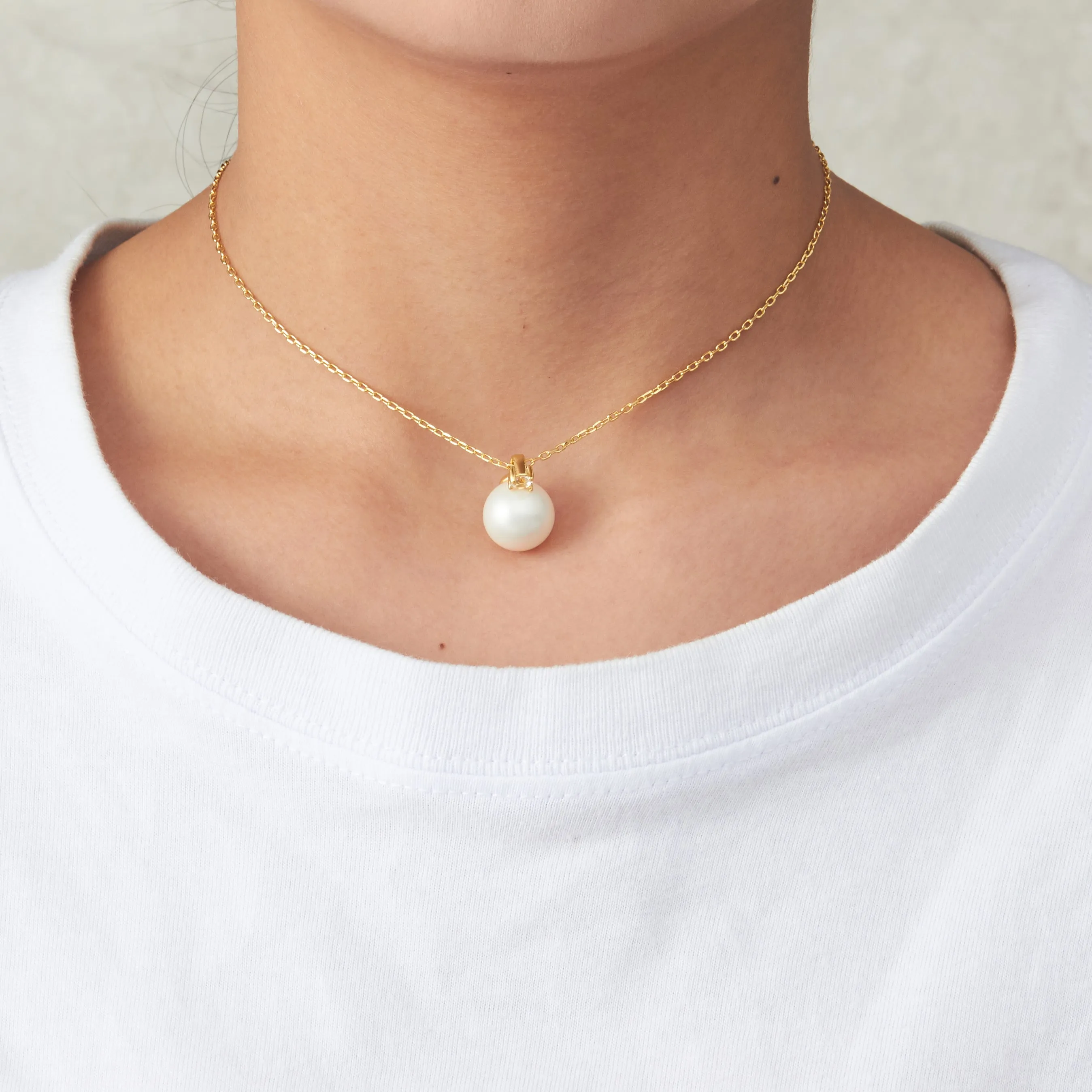 Gold Plated Round Shell Pearl Necklace Created with Zircondia® Crystals