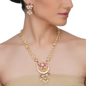 Gold Plated Sankrant Red Lotus Kundan Pearl Necklace Set