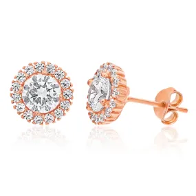 Gold Plated Sterling Silver Cubic Zirconia Round Halo Stud Earrings