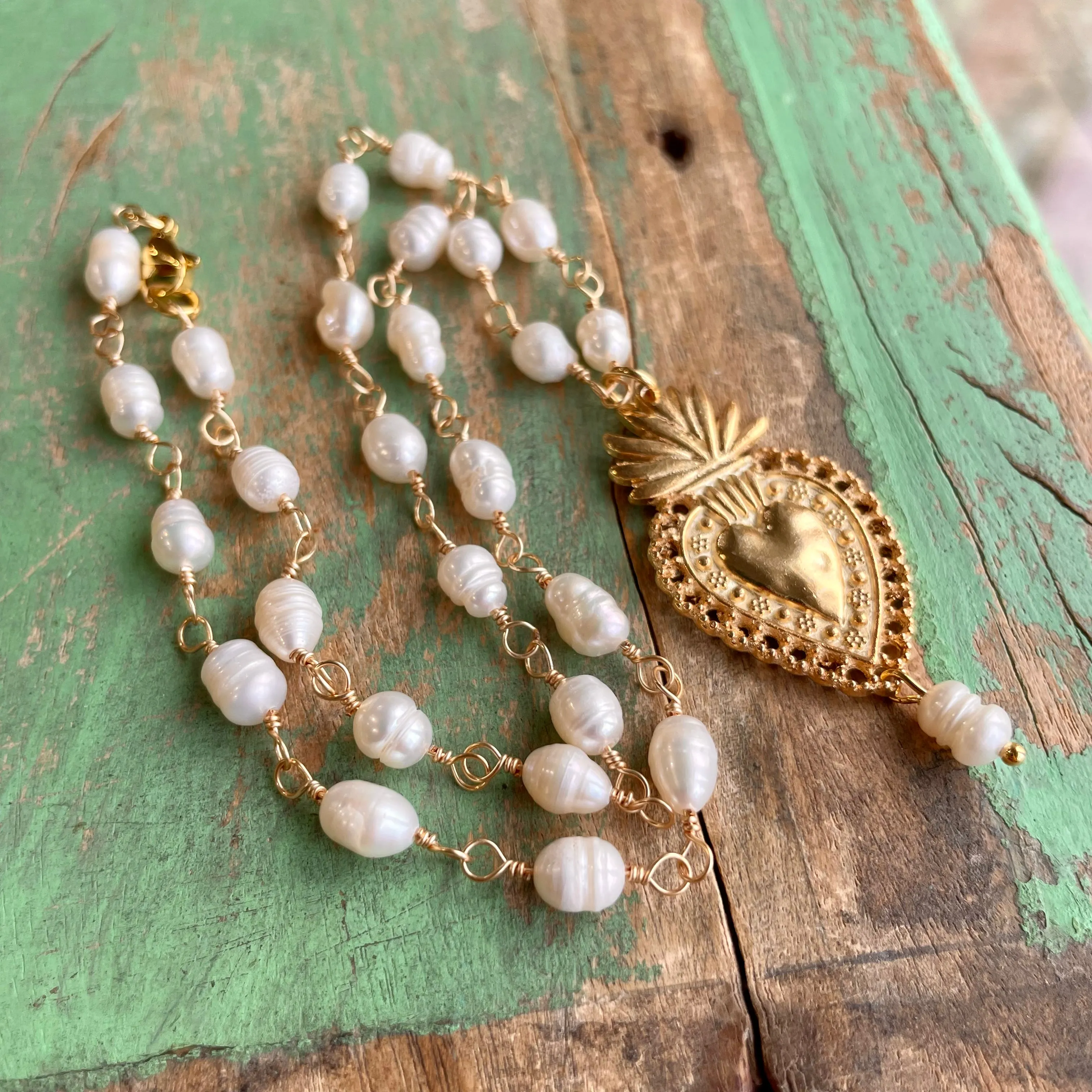 Gold Sacred Heart Freshwater Pearl Necklace