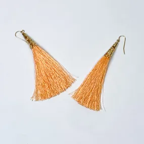 Gold Tone Filigree Cap Drop Tassel Earrings in Coral Orange