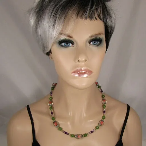 Green Jade, Amethyst and Handmade Artisan Bead Necklace