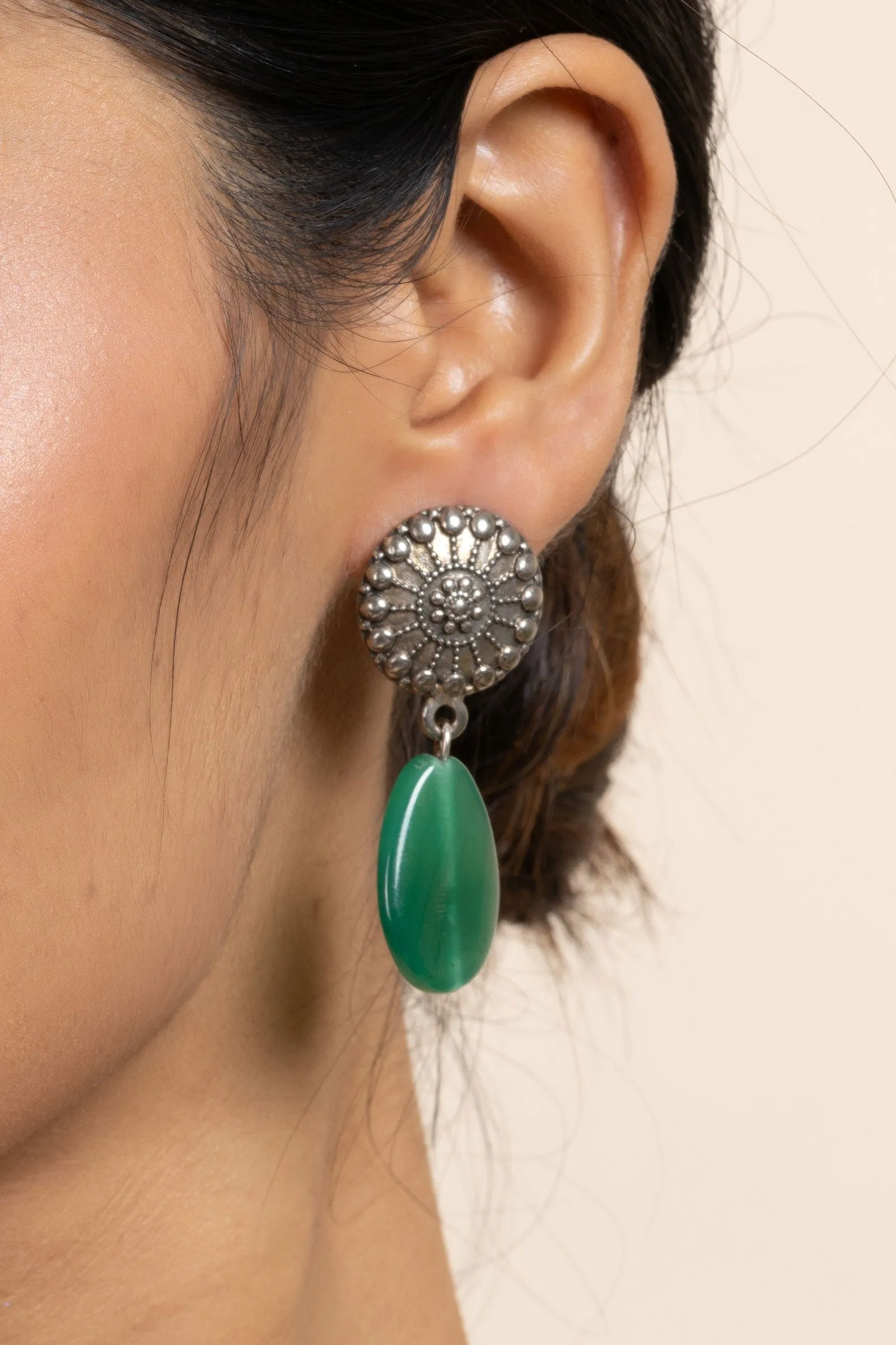 Handmade German Silver Round Stud Earrings with Green Semi Precious Agate Stone