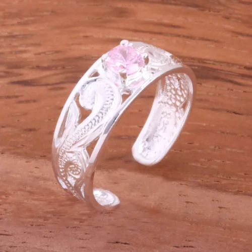 Hawaiian Scroll See Through with Pink Round CZ Toe Ring