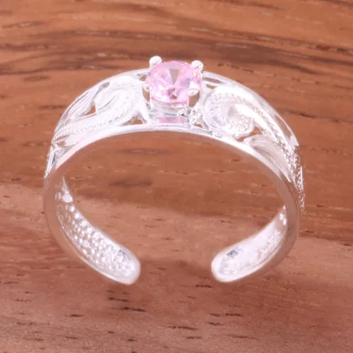 Hawaiian Scroll See Through with Pink Round CZ Toe Ring