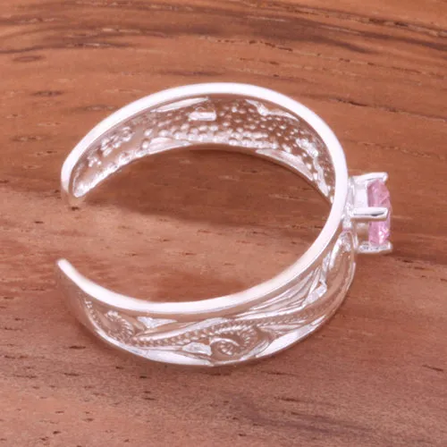 Hawaiian Scroll See Through with Pink Round CZ Toe Ring