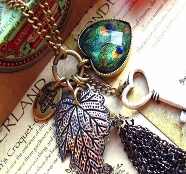 High Quality Retro Peacock Feather key Necklace