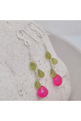 Hot Pink Chalcedony, Green Peridot Long Silver Earrings