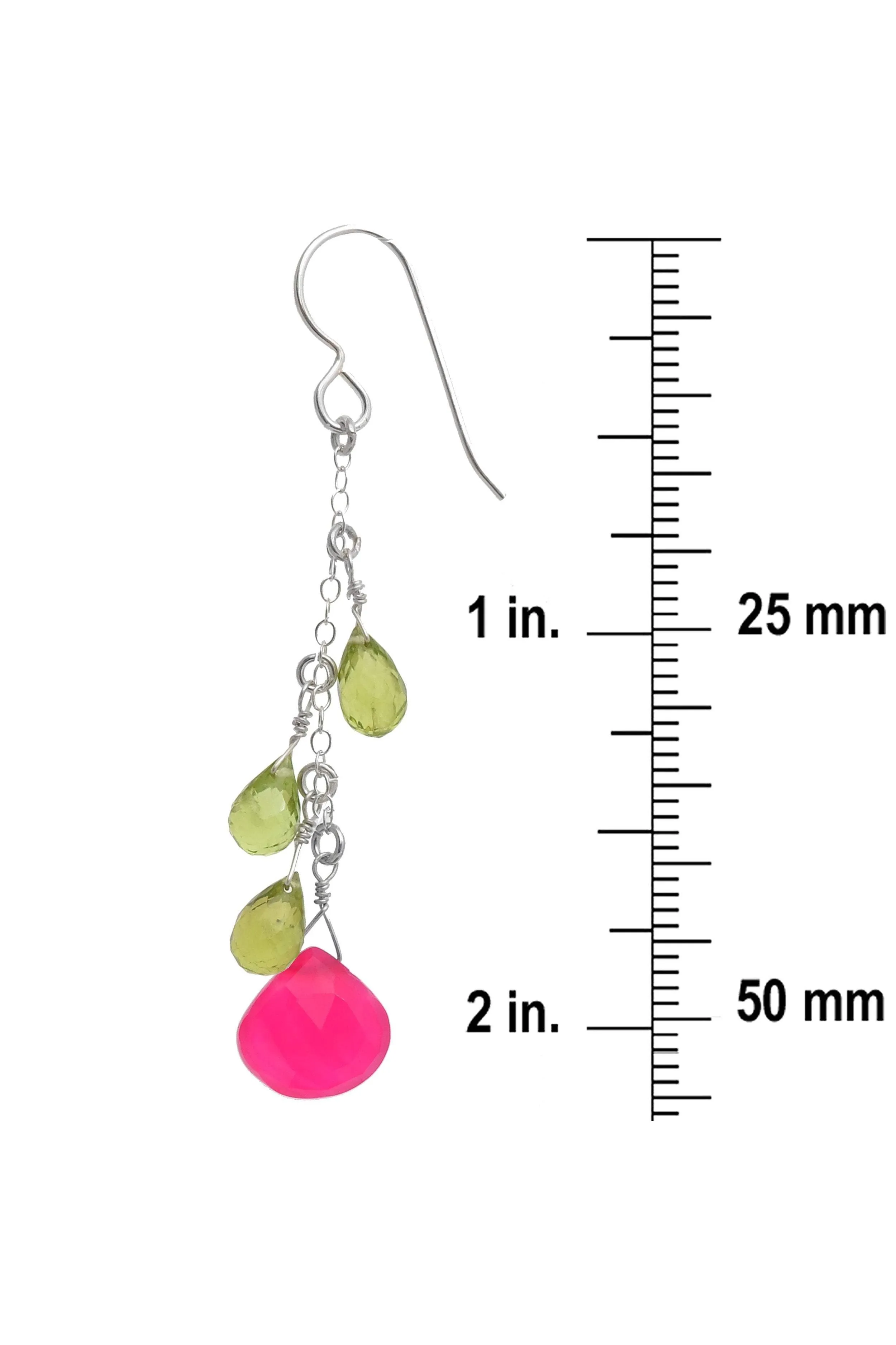 Hot Pink Chalcedony, Green Peridot Long Silver Earrings