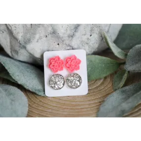 Hot Pink Succulent & Druzy Stud Earring Set