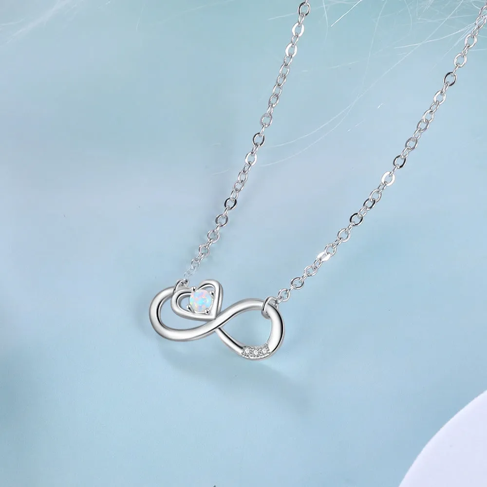 Infinite Symbol Heart Shape with Round Opal Zircon Sterling Silver Necklace