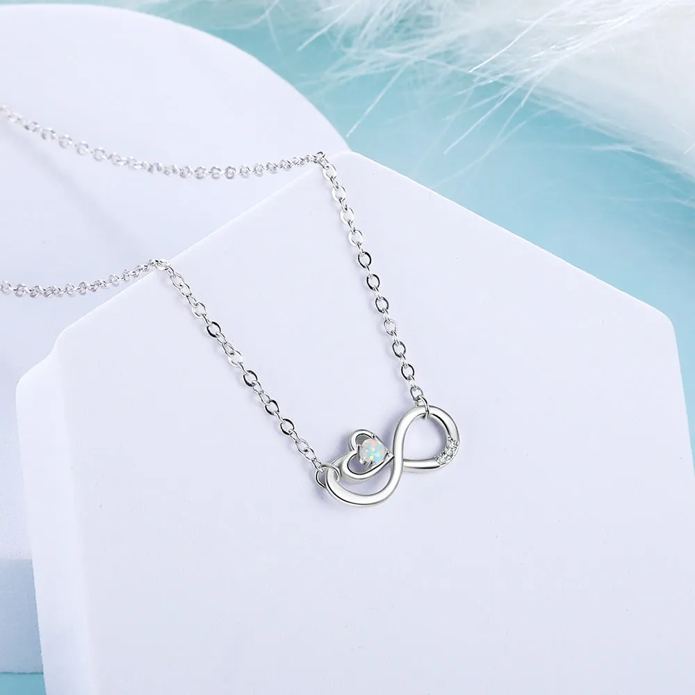 Infinite Symbol Heart Shape with Round Opal Zircon Sterling Silver Necklace