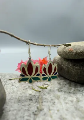 Inlaid Lotus White Metal Earrings