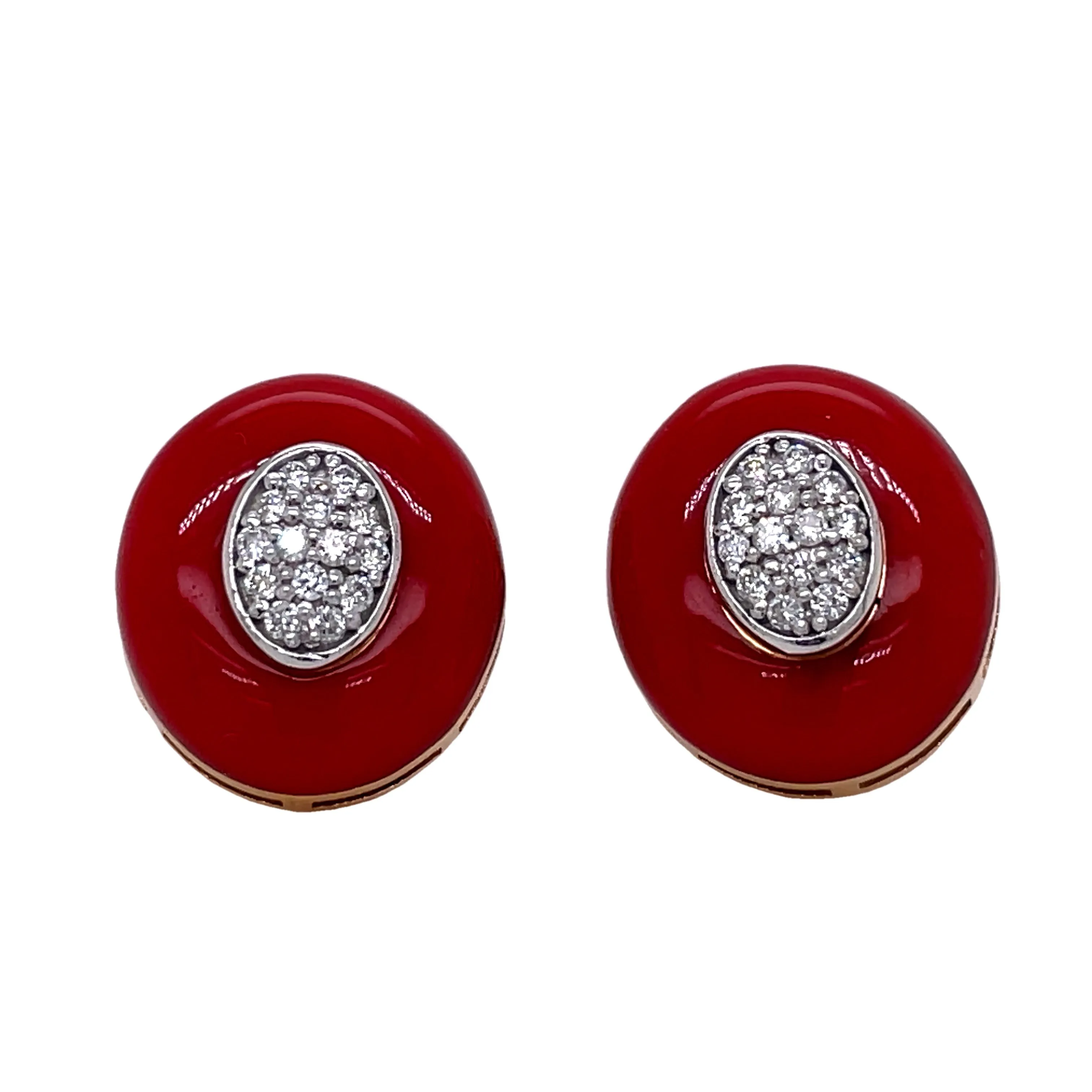 Italian Made Coral Diamond Small Stud Earrings