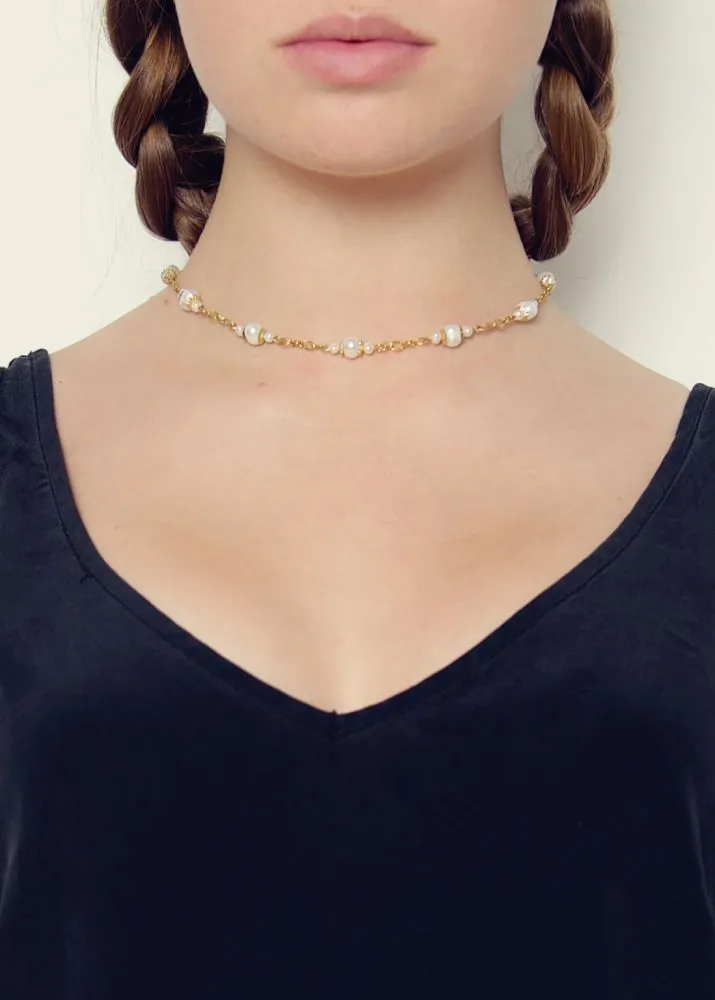 Ivory Pearl and Gold Chain Necklace by Rosie Fox