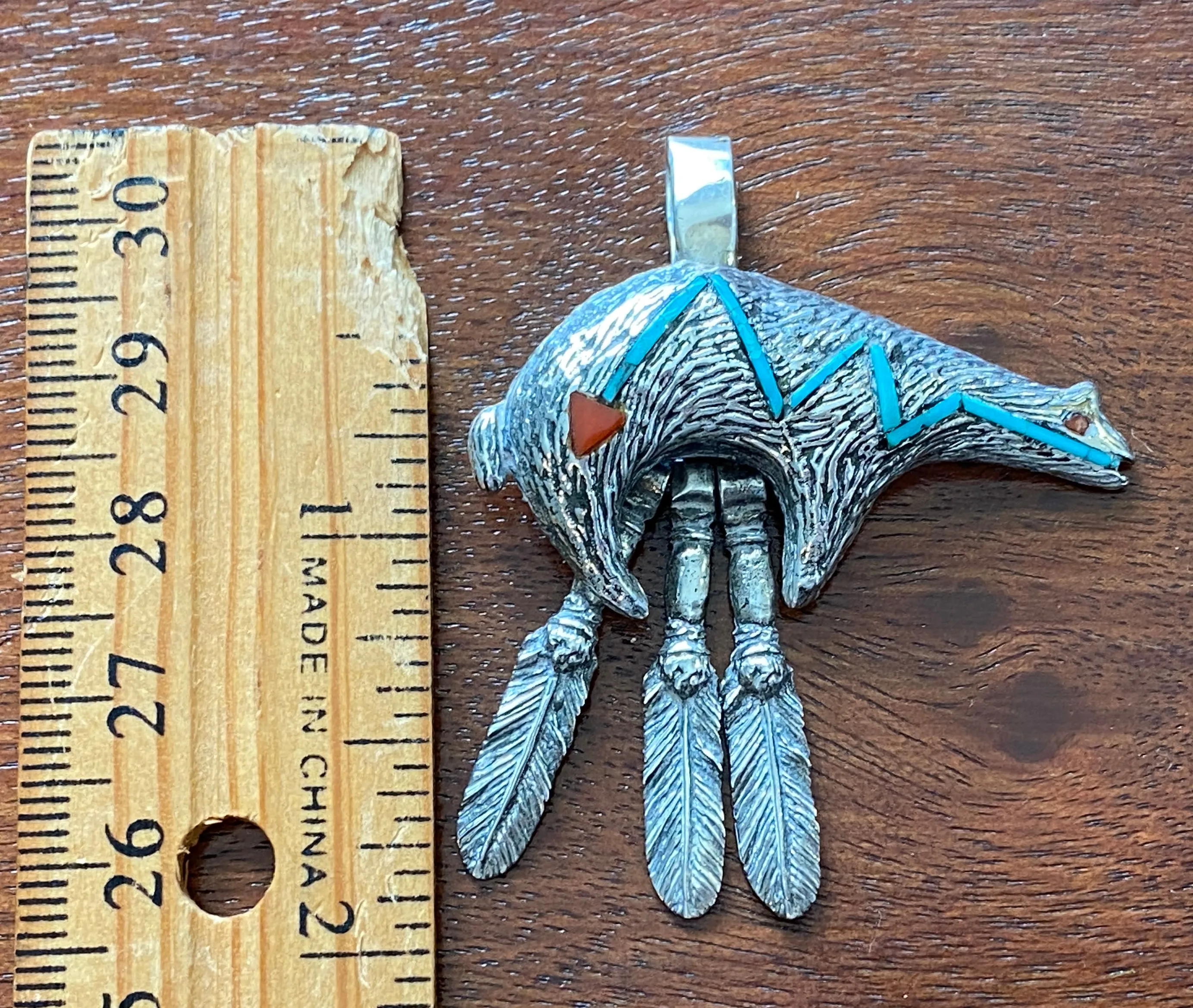 Jami Two Feathers Signed Bear Necklace Pendant Turquoise Red Coral Inlay