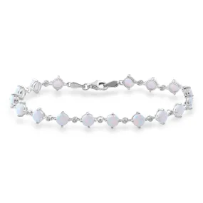 Jewelili Sterling Silver 5 MM Round Created Opal and White Diamonds Bracelet