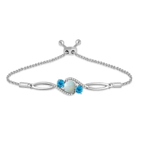 Jewelili Sterling Silver 6 MM Round Created Opal and 4 MM Swiss Blue Topaz with Round Created White Sapphire Bolo Bracelet