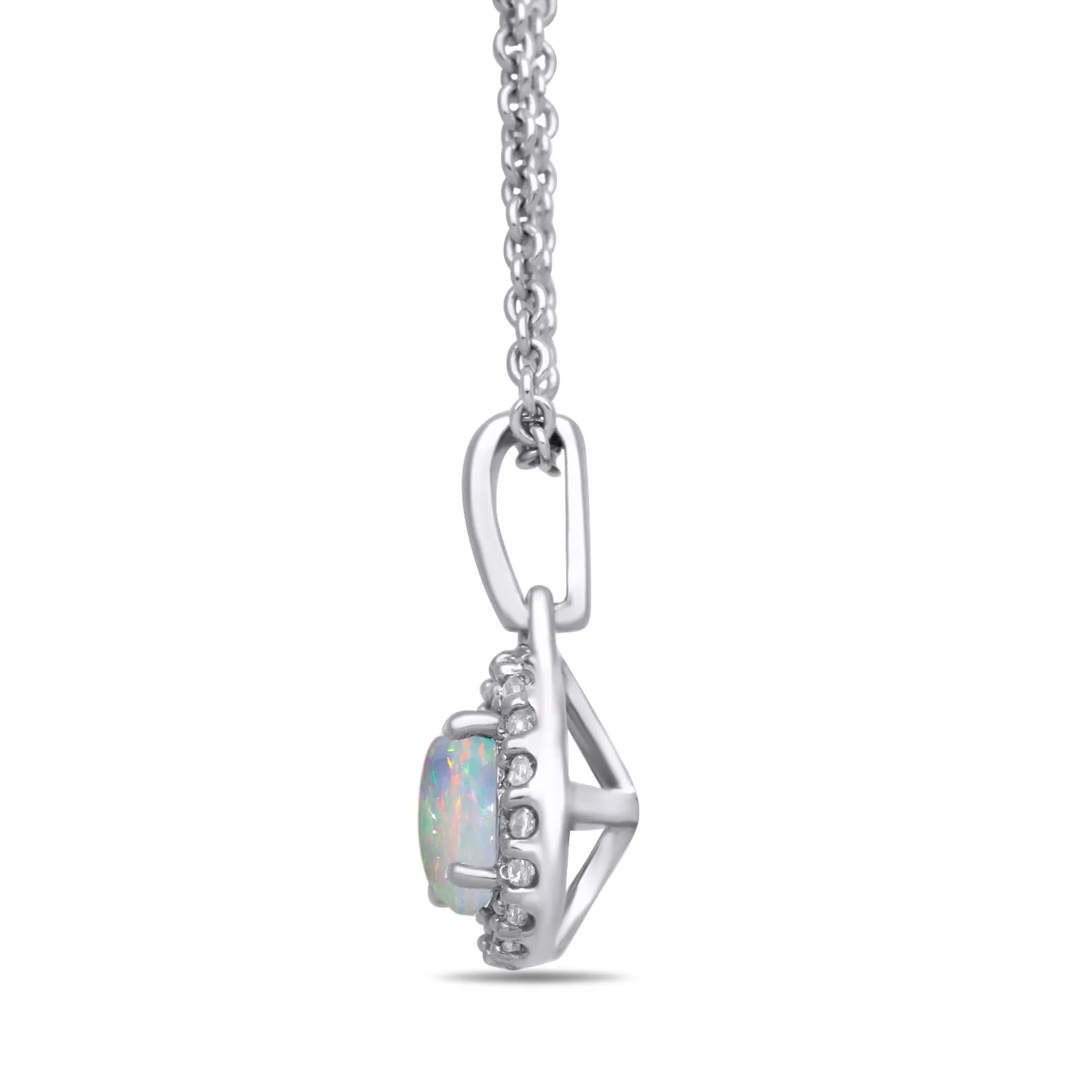 Jewelili Sterling Silver Round Shape Created Opal and Round Cubic Zirconia Pendant Necklace