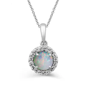 Jewelili Sterling Silver Round Shape Created Opal and Round Cubic Zirconia Pendant Necklace