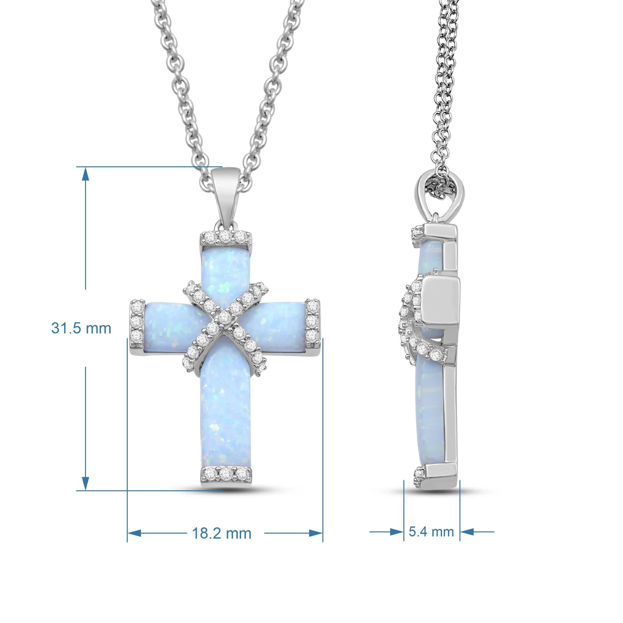 Jewelili Sterling Silver Special Cut Created Opal and Round White Sapphire Cross Pendant Necklace