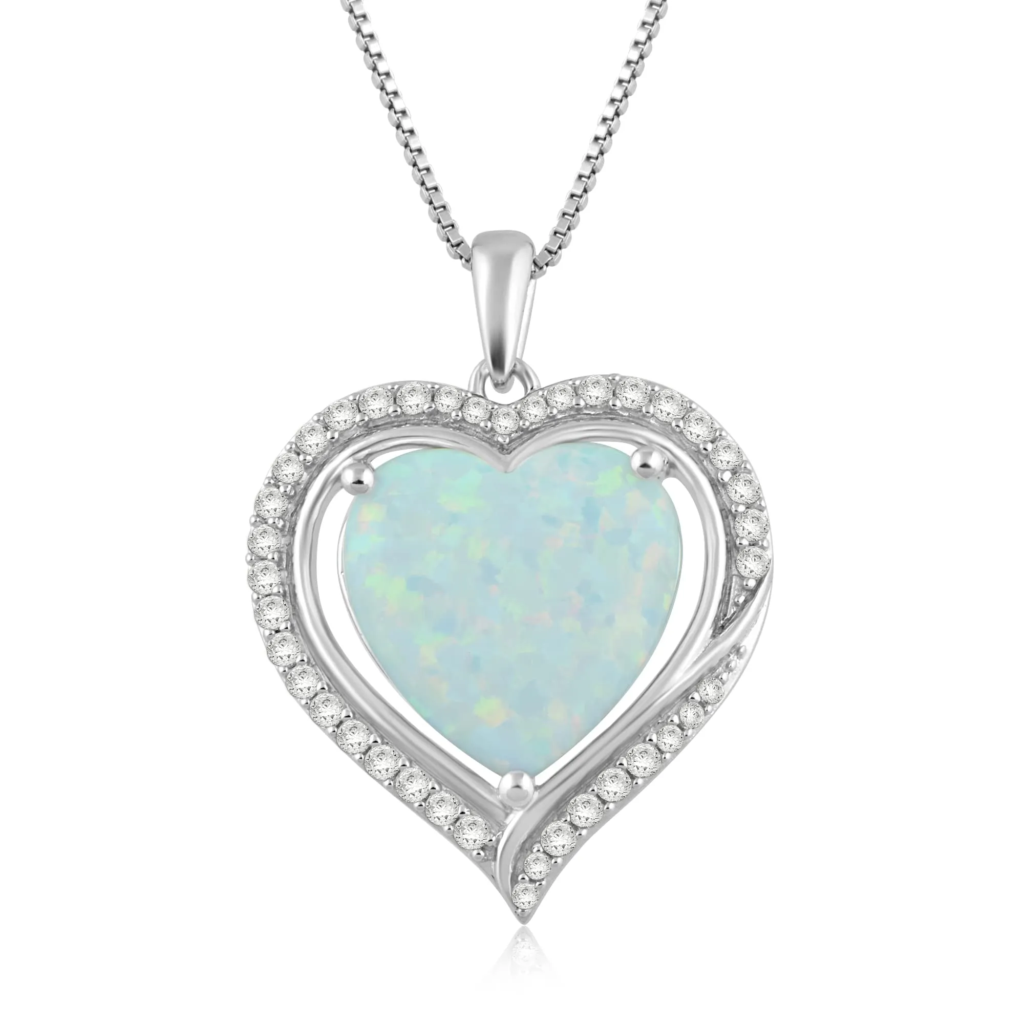 Jewelili Sterling Silver with Created Opal and Created White Sapphire Heart Shape Pendant Necklace