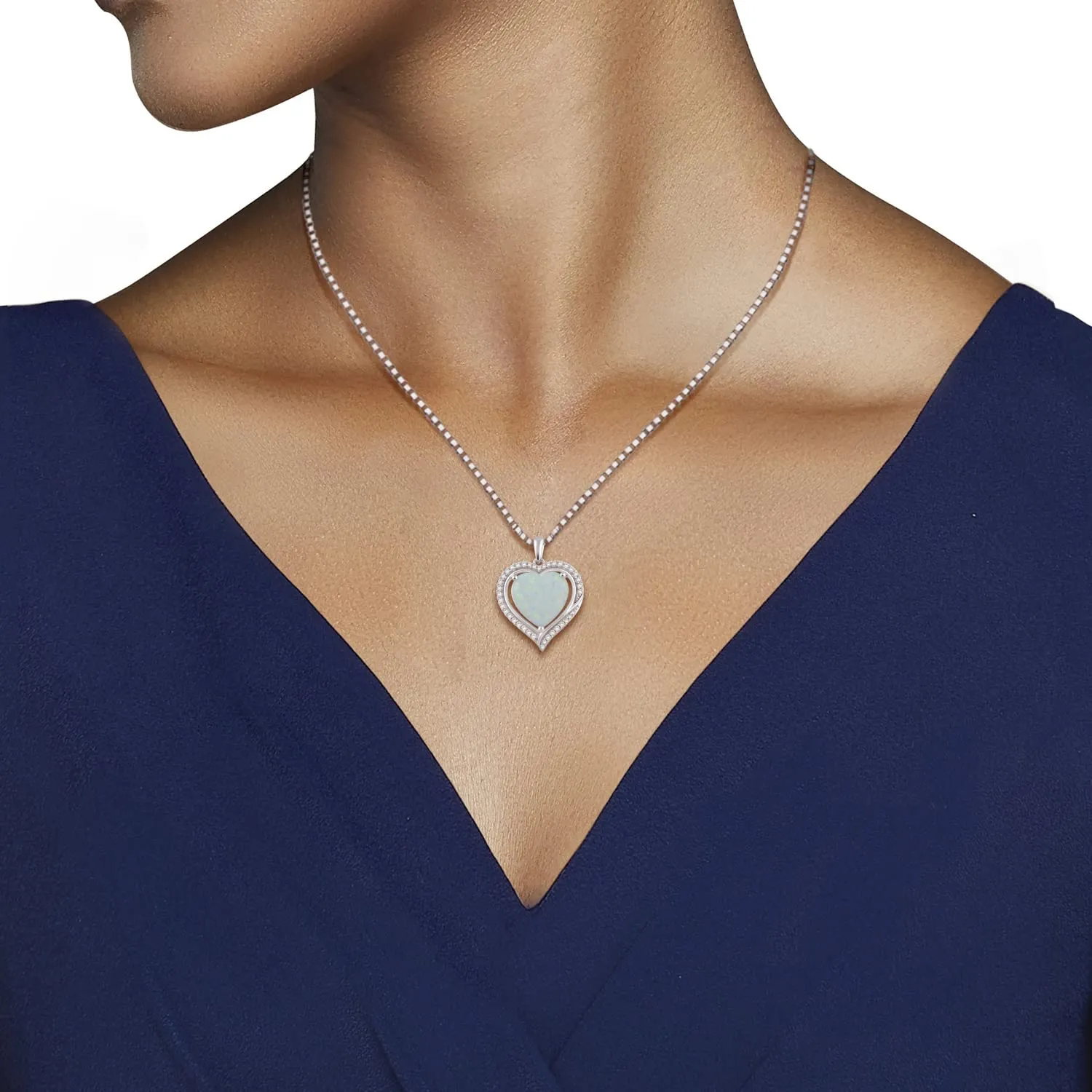 Jewelili Sterling Silver with Created Opal and Created White Sapphire Heart Shape Pendant Necklace