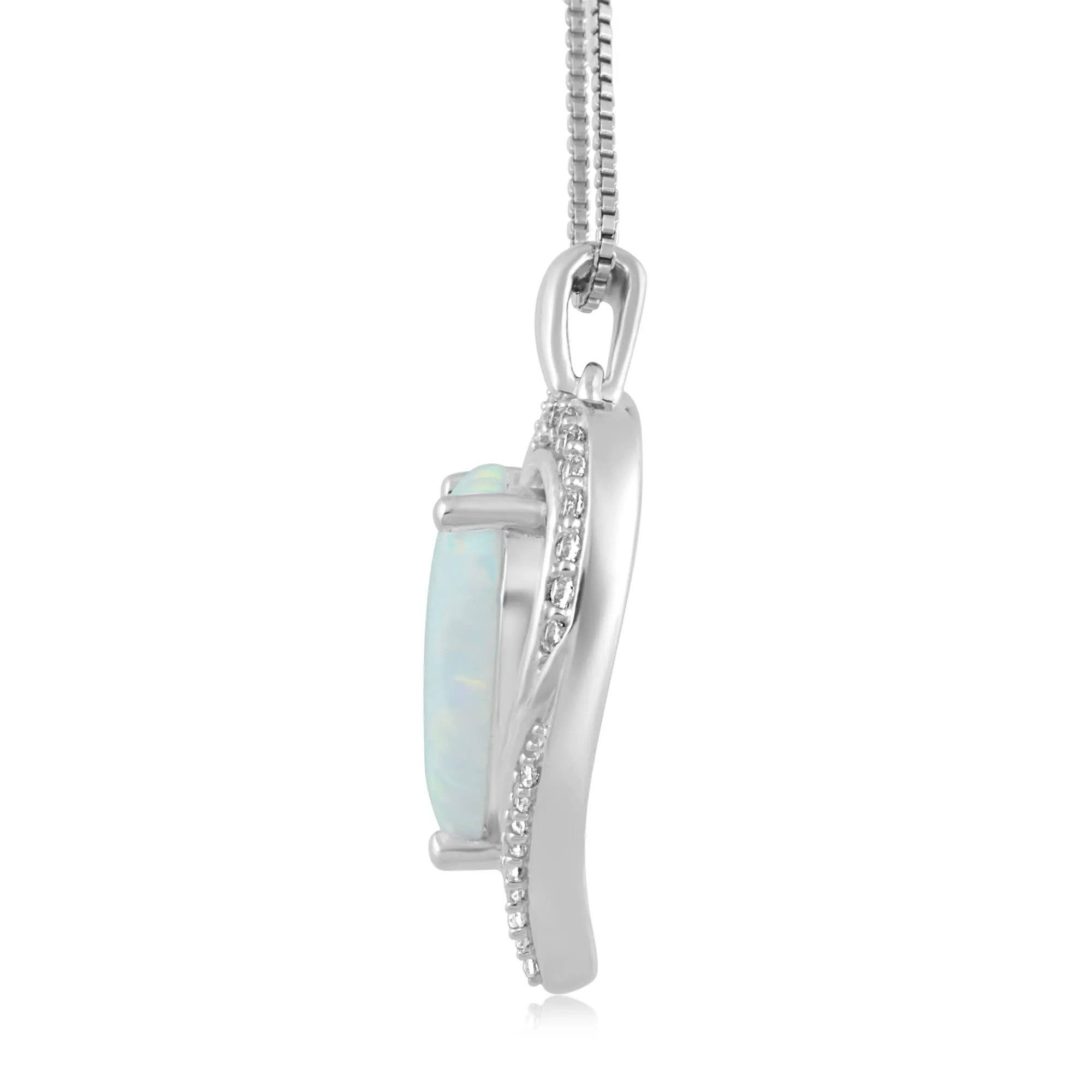 Jewelili Sterling Silver with Created Opal and Created White Sapphire Heart Shape Pendant Necklace