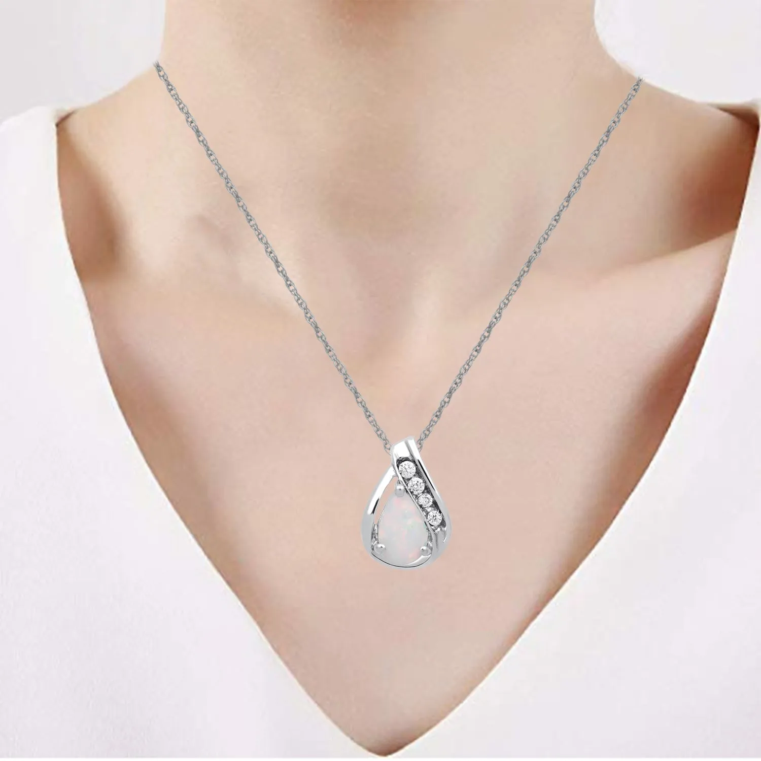 Jewelili Sterling Silver With Created Opal and Cubic Zirconia Teardrop Pendant Necklace