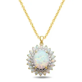 Jewelili Yellow Gold Over Sterling Silver  With Oval Shape and Pear Shape Created Opal and Round Created White Sapphire Pendant Necklace