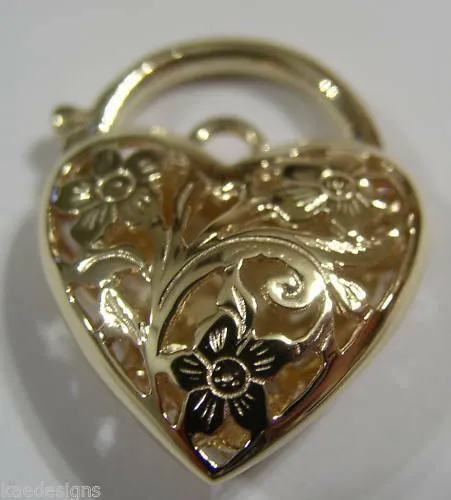 Kaedesigns New Genuine 9ct 14mm Yellow, Rose or White Gold Filigree Heart Pendant Padlock