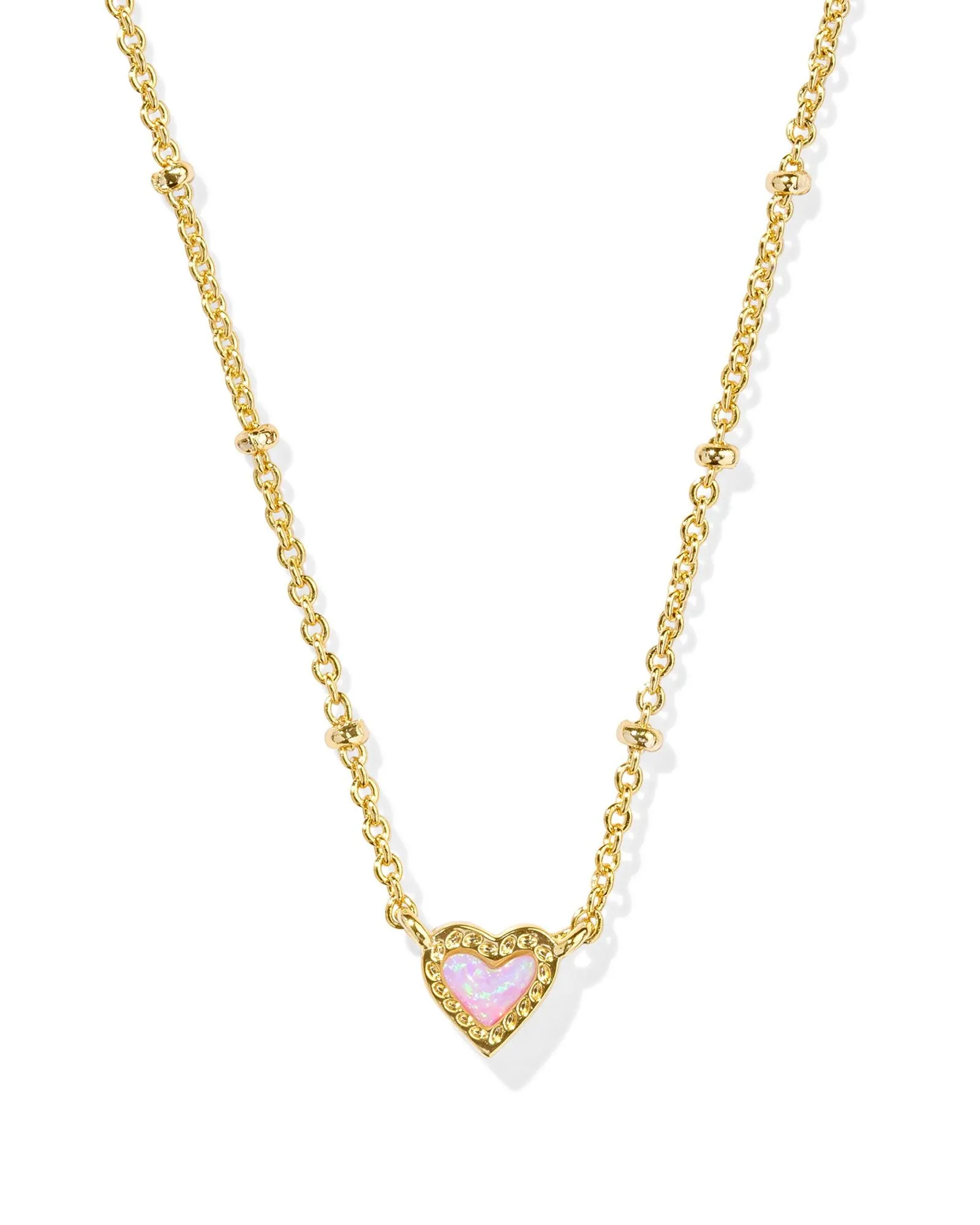 Kendra Scott Mini Ari Heart Gold Satellite Short Pendant Necklace in Bubblegum Pink Kyocera Opal