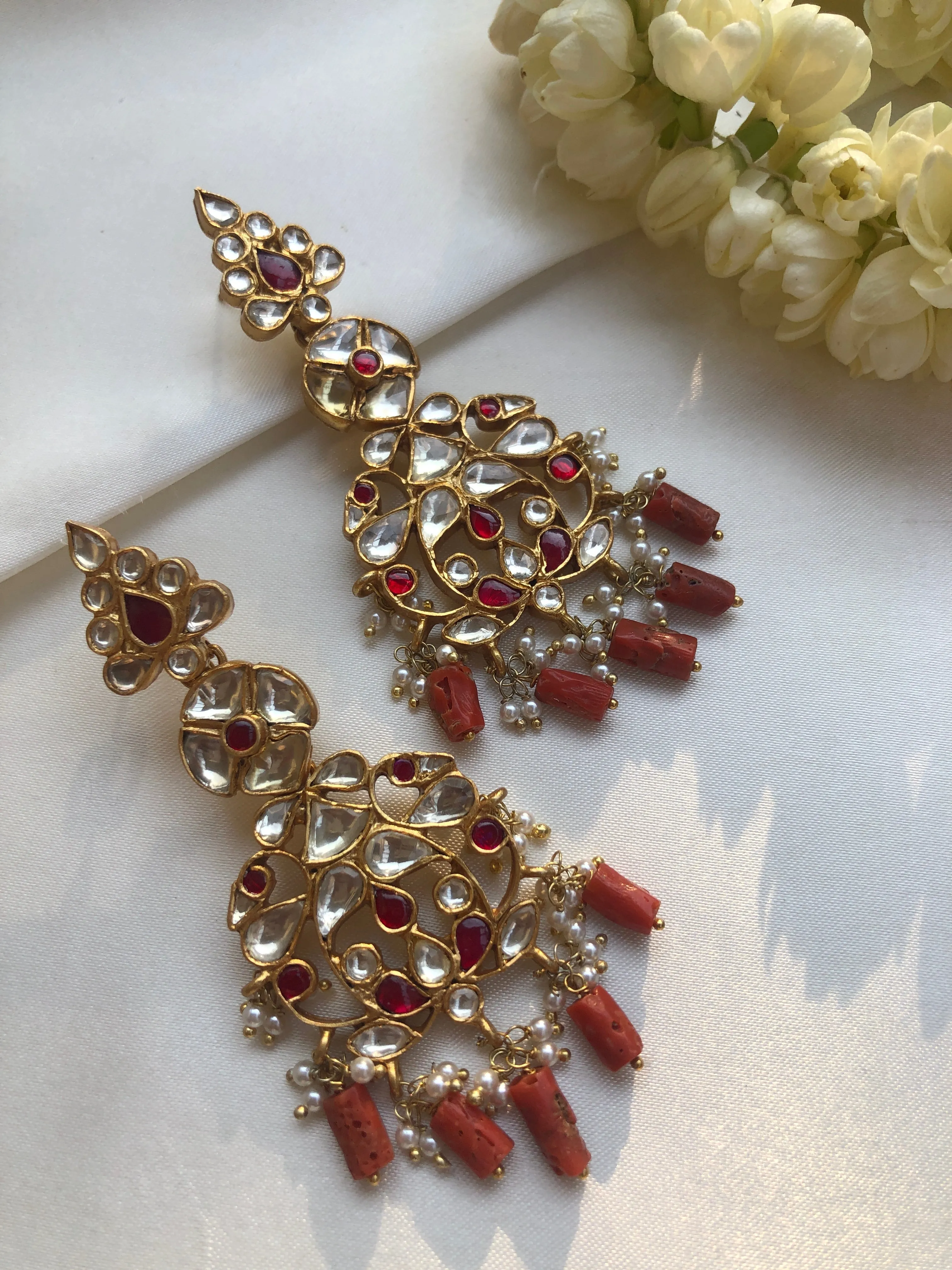 Kundan earrings with ruby and coral beads