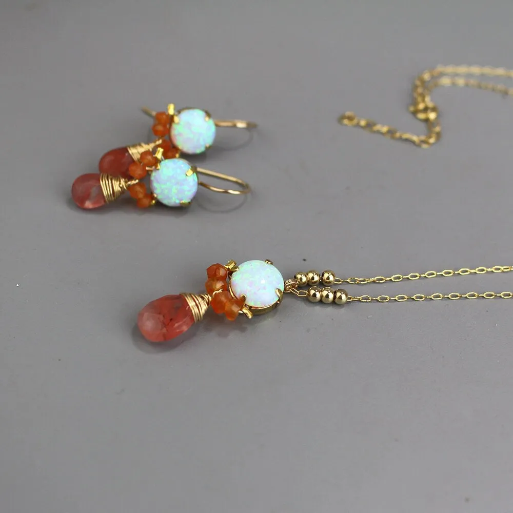 Lab Opal Carnelian Clover Jewelry Set