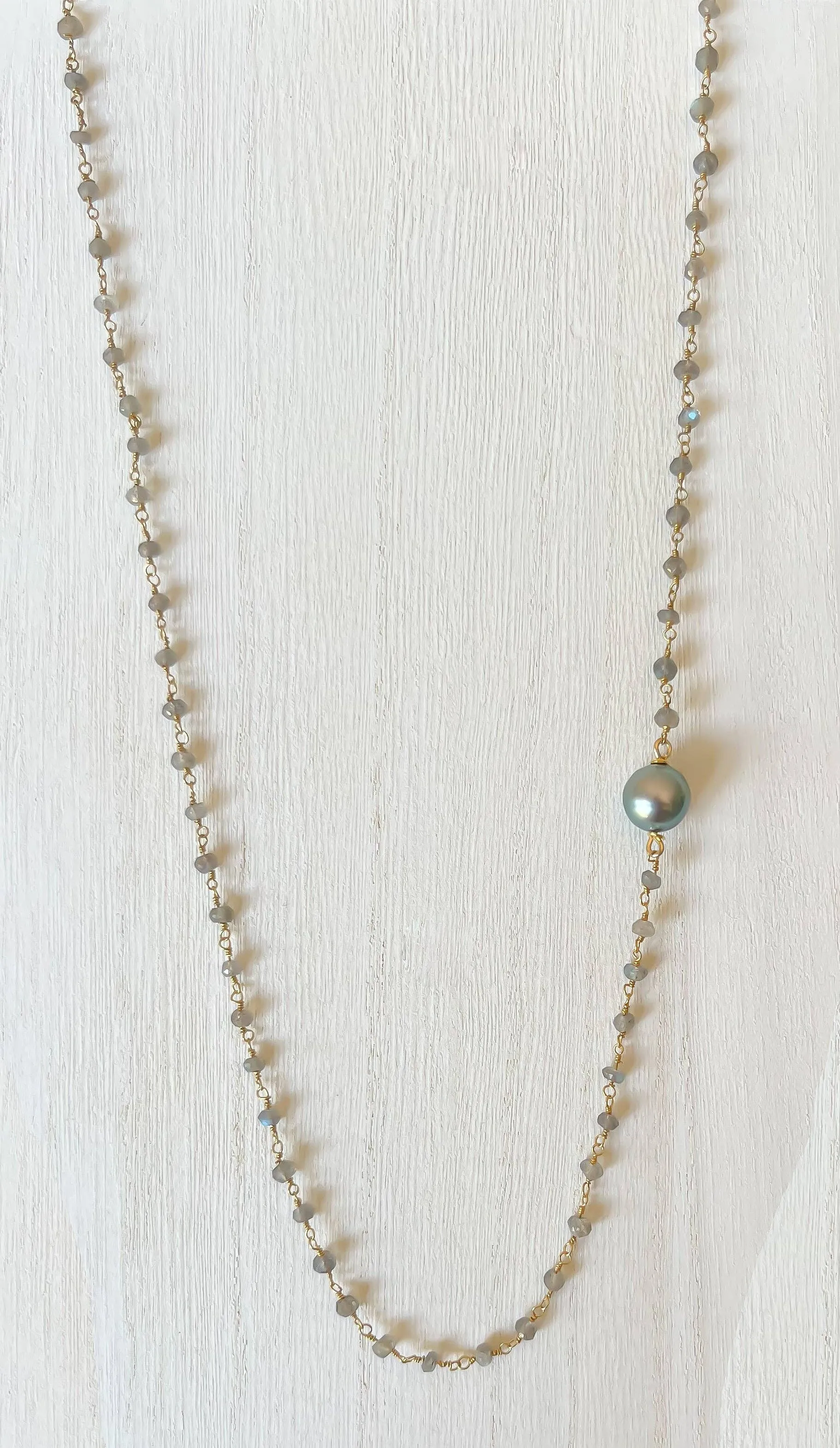 Labradorite & Freshwater Pearl Necklace: 16" / Silver / Float