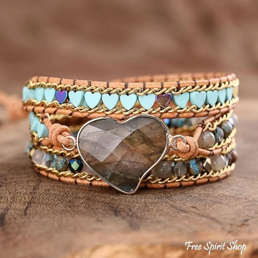 Labradorite Heart Beaded Wrap Bracelet by Free Spirit