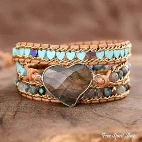 Labradorite Heart Beaded Wrap Bracelet by Free Spirit