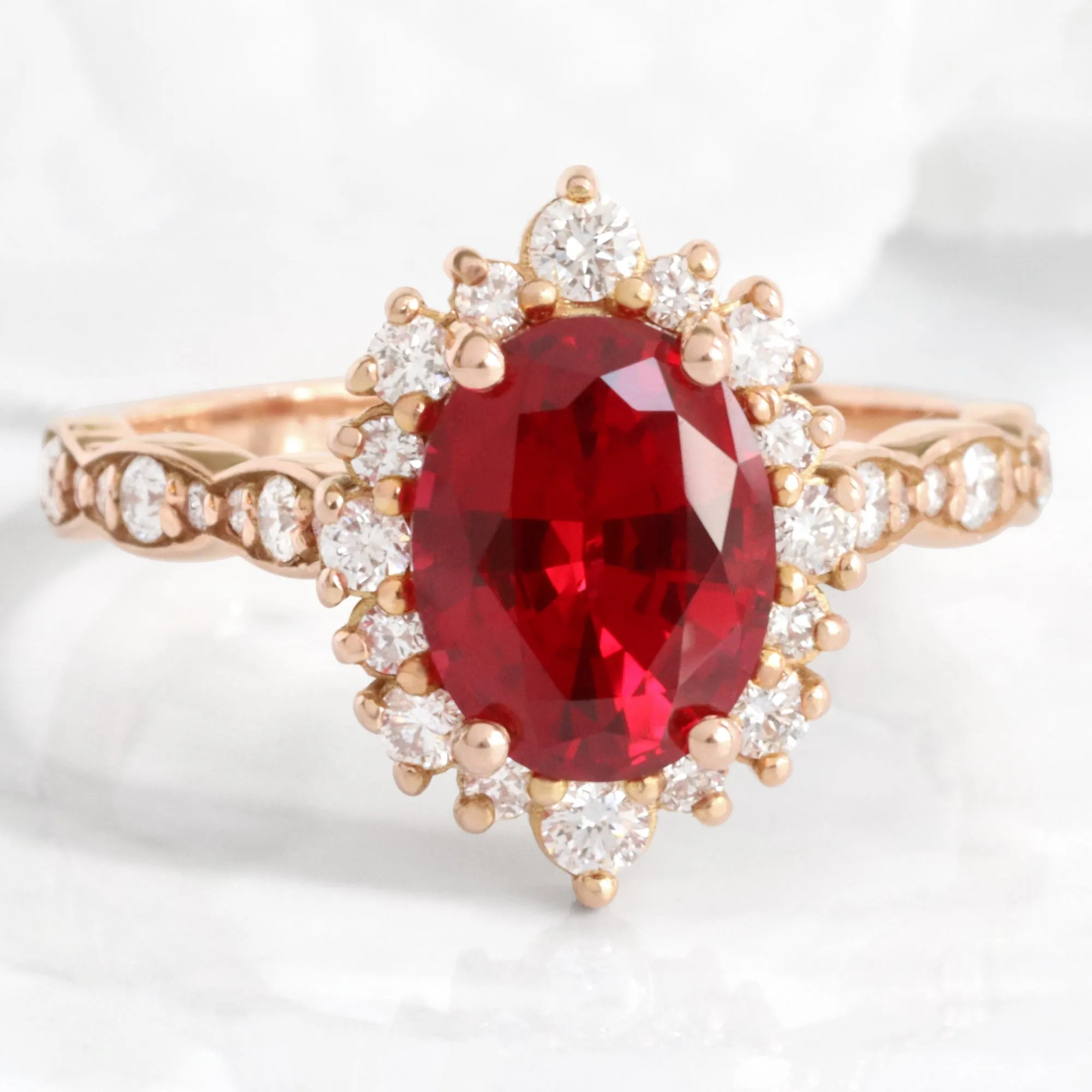 Large Oval Ruby Engagement Ring in Tiara Halo Diamond Scalloped Band