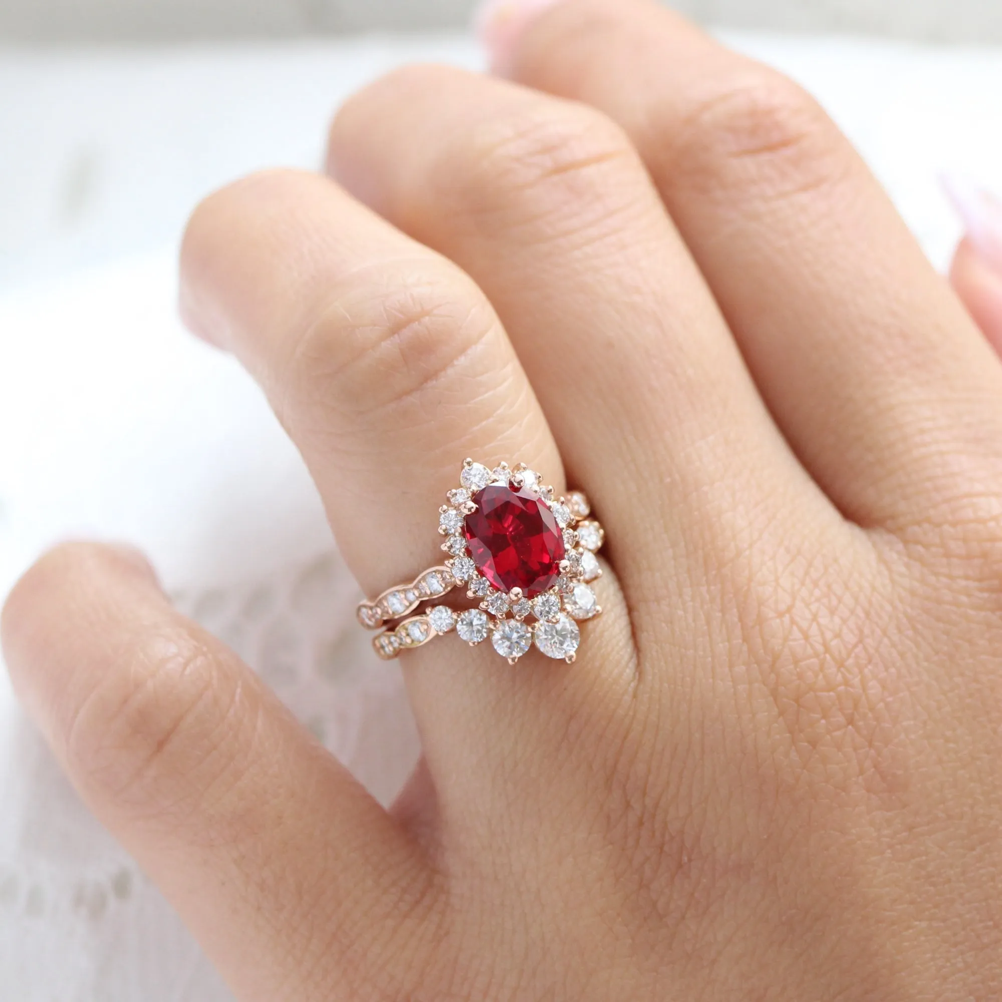 Large Oval Ruby Engagement Ring in Tiara Halo Diamond Scalloped Band