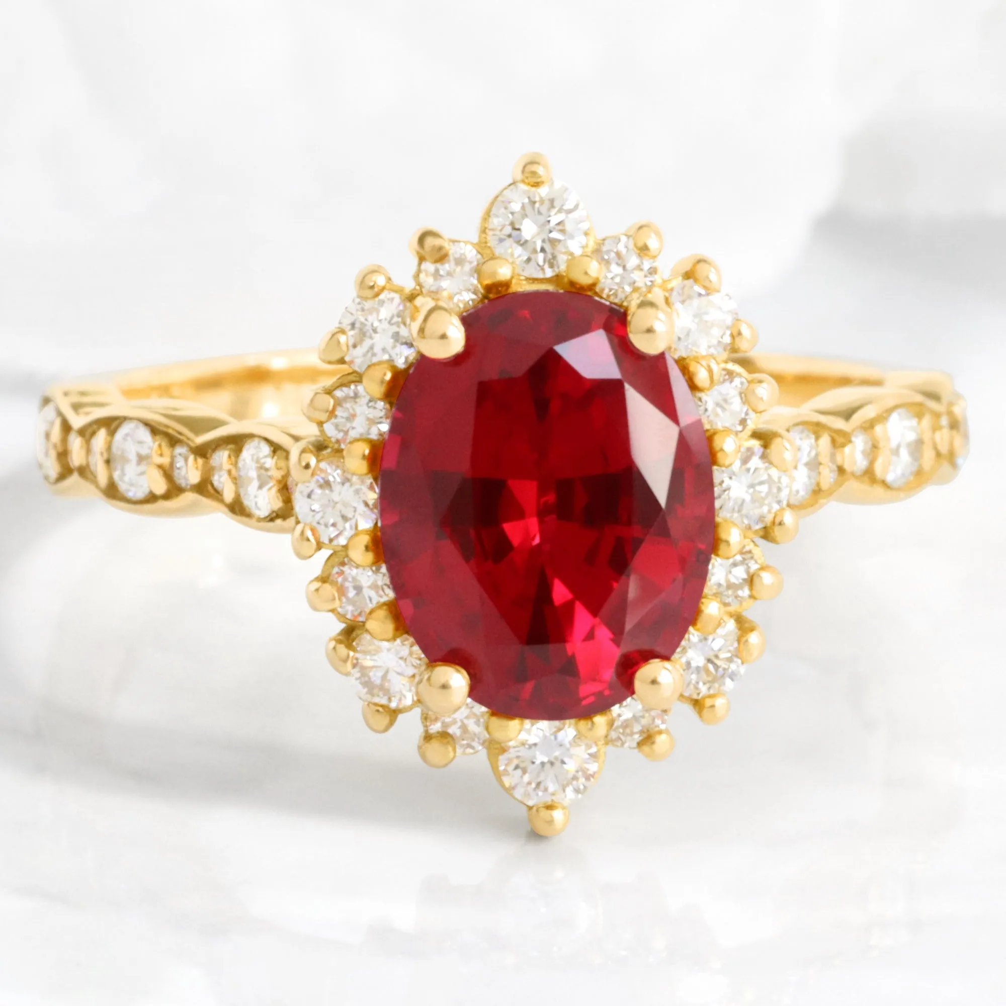 Large Oval Ruby Engagement Ring in Tiara Halo Diamond Scalloped Band